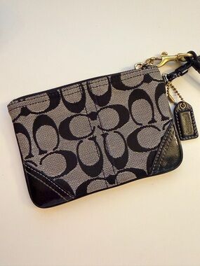 Coach Black Leather Trim Signature Canvas Wristlet with Gold Hardware